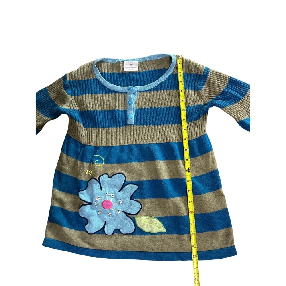 Kids Blue Khaki Striped Flower Applique Sweater Top Long Sleeve Henley‎
